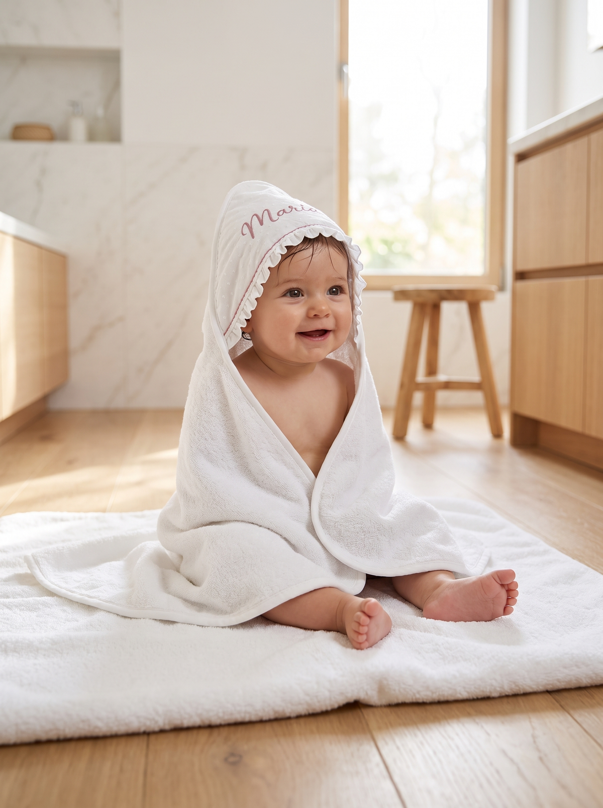 Personalisiertes Kapuzenbadetuch für Babys in 80 x 80 oder 100 x 100 cm