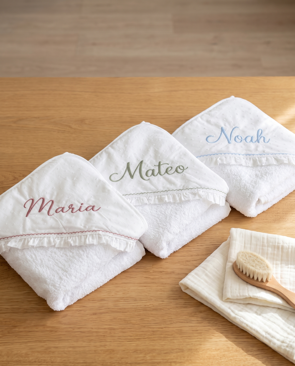 Baby-Kapuzenhandtuch mit Rüsche und Ziernaht, individuell mit Namen bestickt