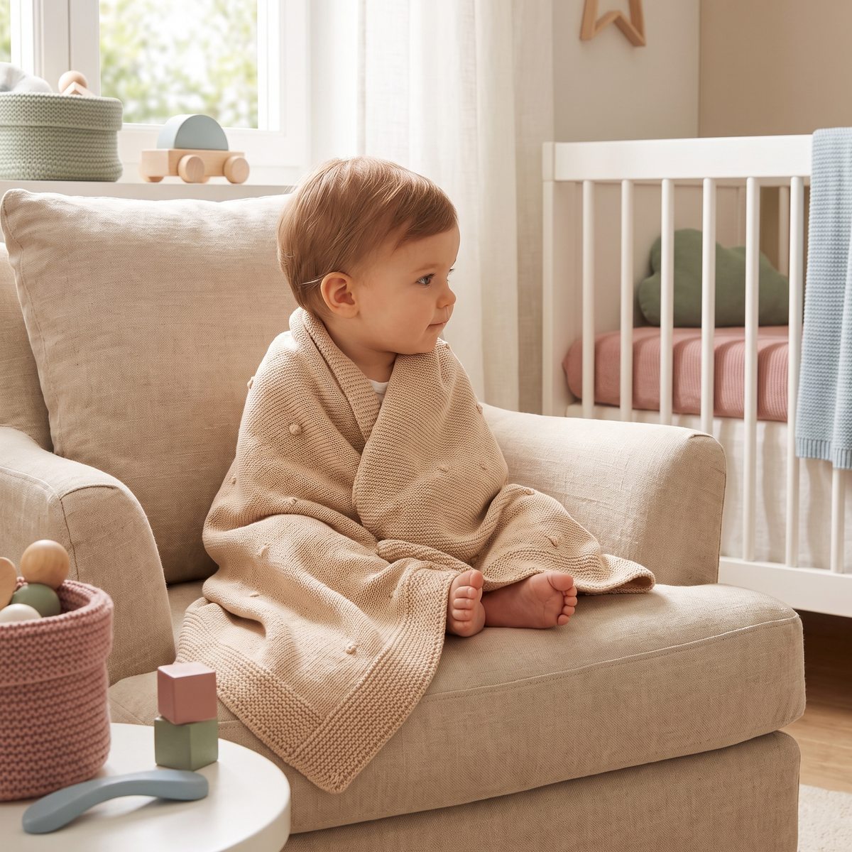 Babydecke im Popcornstrick als Kinderwagendecke und Kuscheldecke für Babys