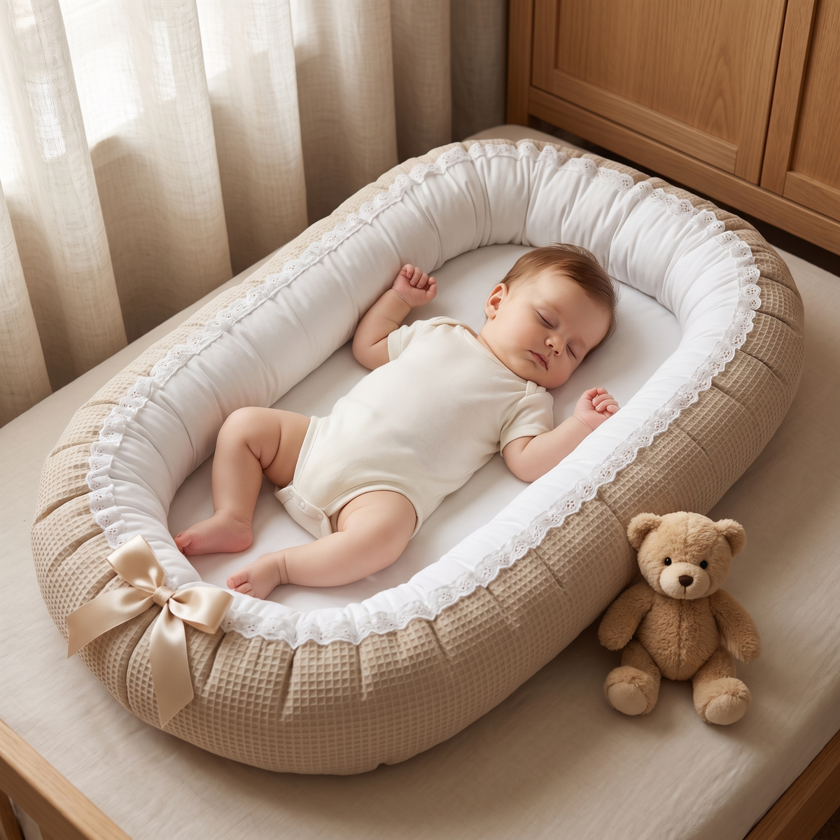 Baby liegt im Babynest aus Waffelpiqué in Sand mit Spitze – waschbares Kuschelnest fürs Kinderzimmer