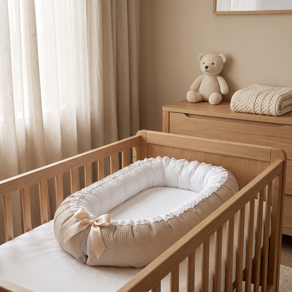 Kuschelnest für Babys mit Spitze, weicher Polsterung und waschbarem Bezug