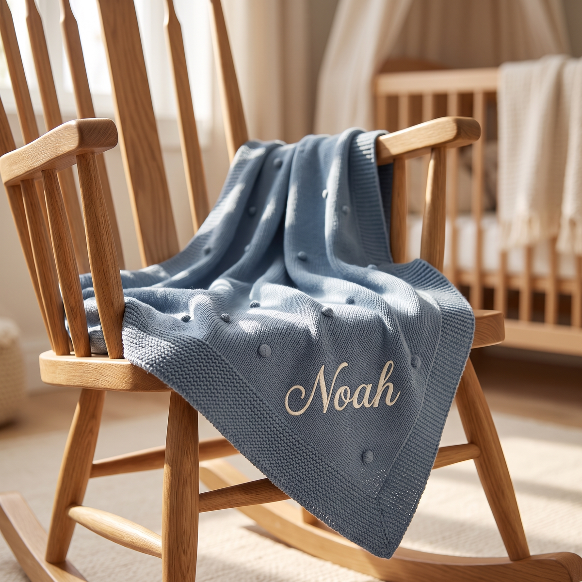Personalisierte Babydecke mit Namen bestickt, gestrickt aus 100 % Baumwolle
