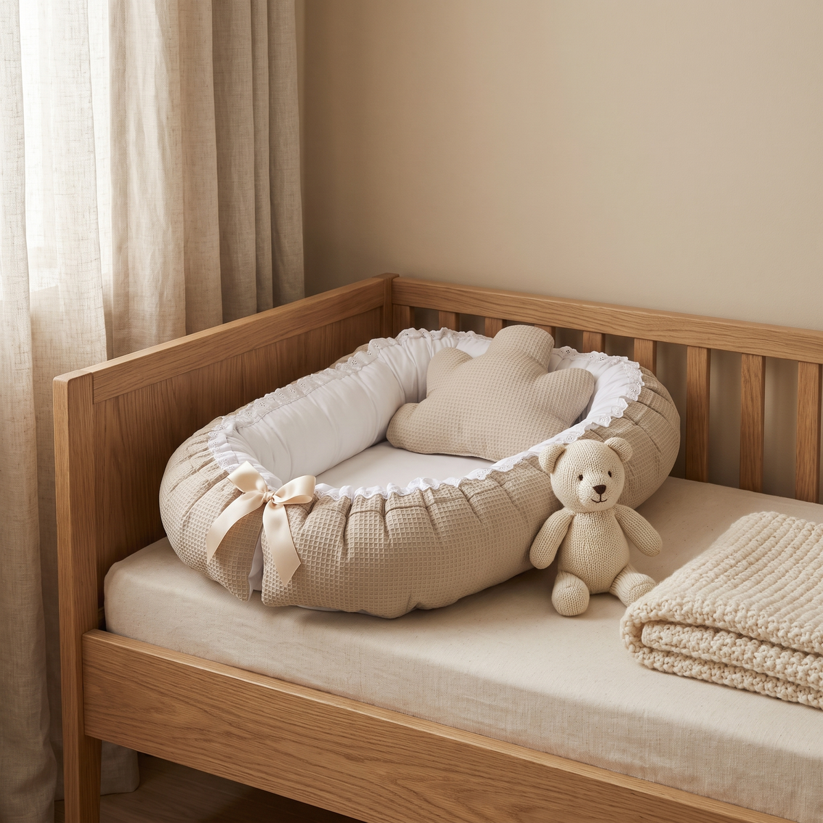 Babynest mit Spitze aus Lochstickerei in sanften Farben – waschbar fürs Babyzimmer